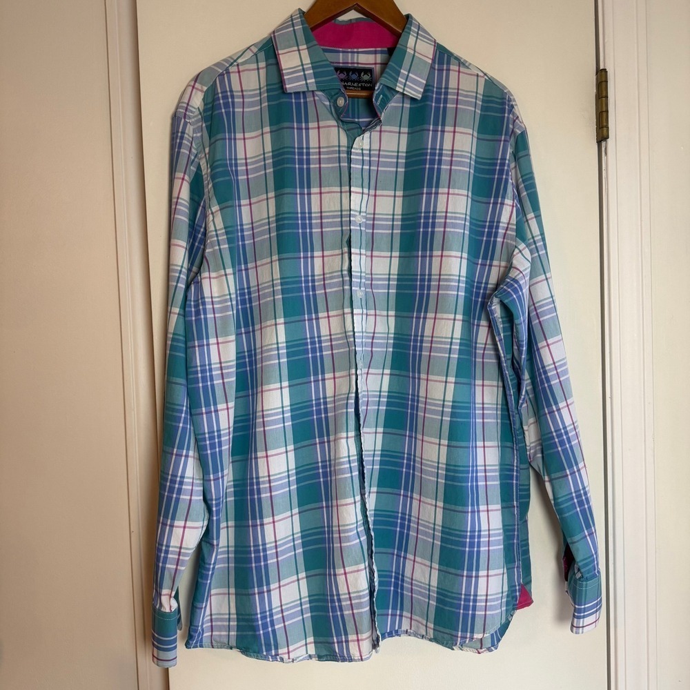 Charleston Threads Plaid Button Down Shirt Men's XL Blue Pink Cotton Long Sleeve
